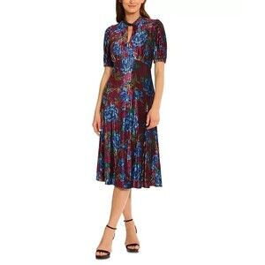 Maggy London Women's Printed Velvet Twist-Neck Midi Dress Size 4 rainbow floral